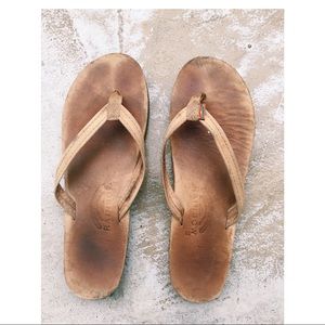 Rainbow brown leather flip flop sandals